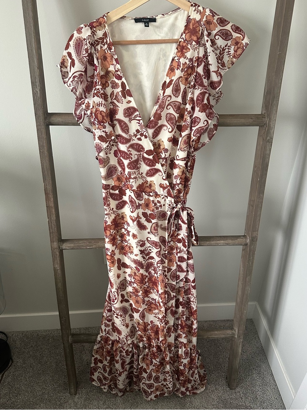 Anthropologie DREW Cream Maxi Wrap Dress with Rust Paisley & Floral Print